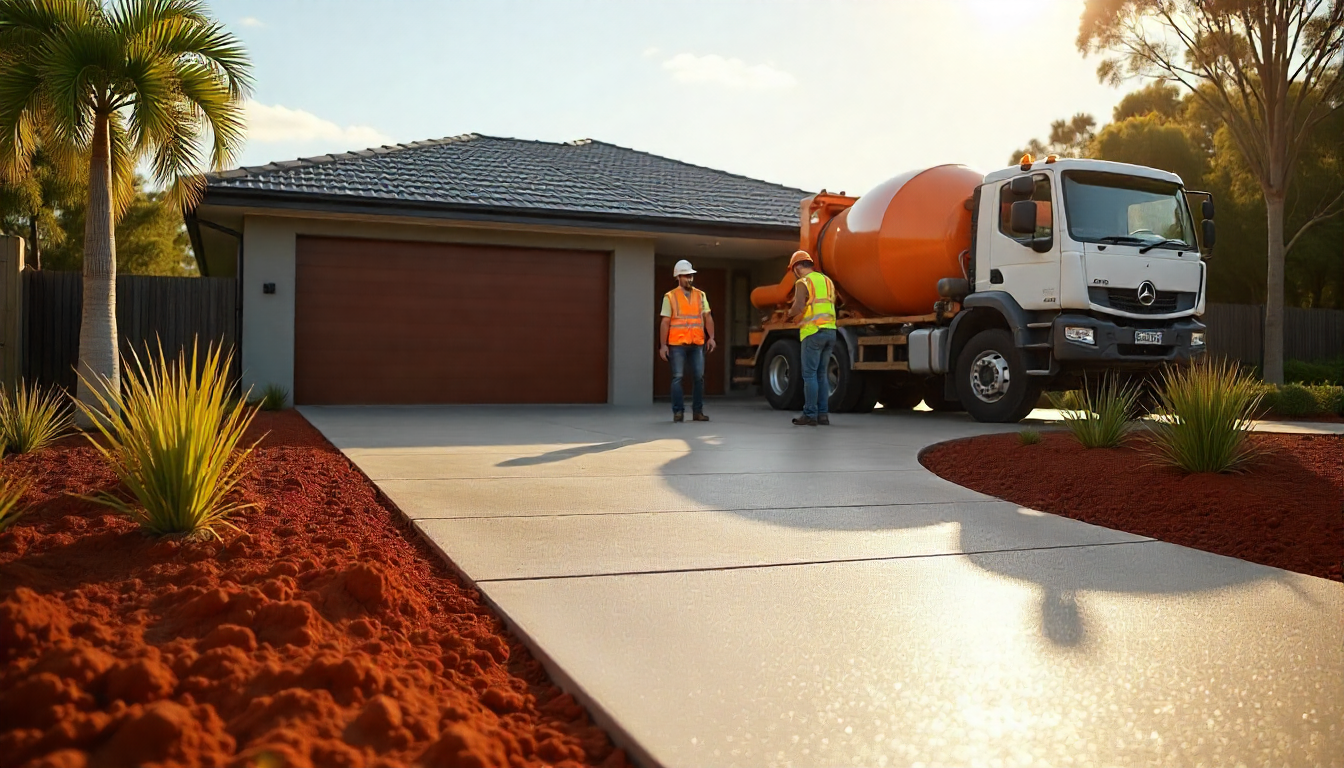 Professional concrete contractors working on a residential driveway Professional concrete contractors working on a residential driveway