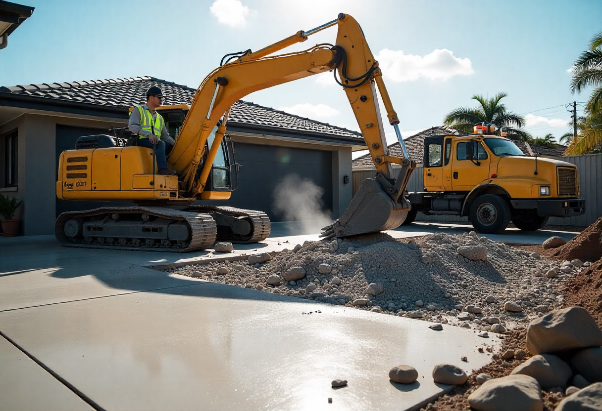 concrete breaking attachment to demolish a residential concrete slab