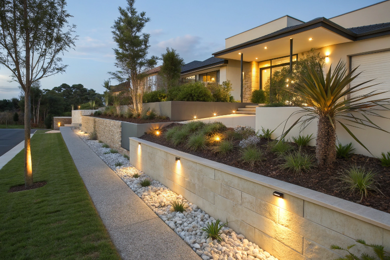Decorative concrete retaining wall with exposed aggregate finish and integrated landscaping in Logan residential setting