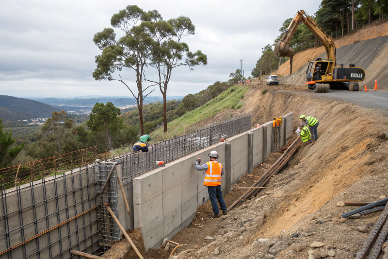 Professional concrete retaining wall construction in Logan showing steel reinforcement installation and excavation work