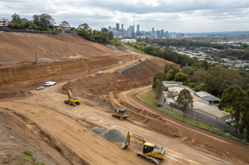 Aerial view of site preparation work on challenging sloping terrain in Logan with bulldozers and excavators creating level building pad