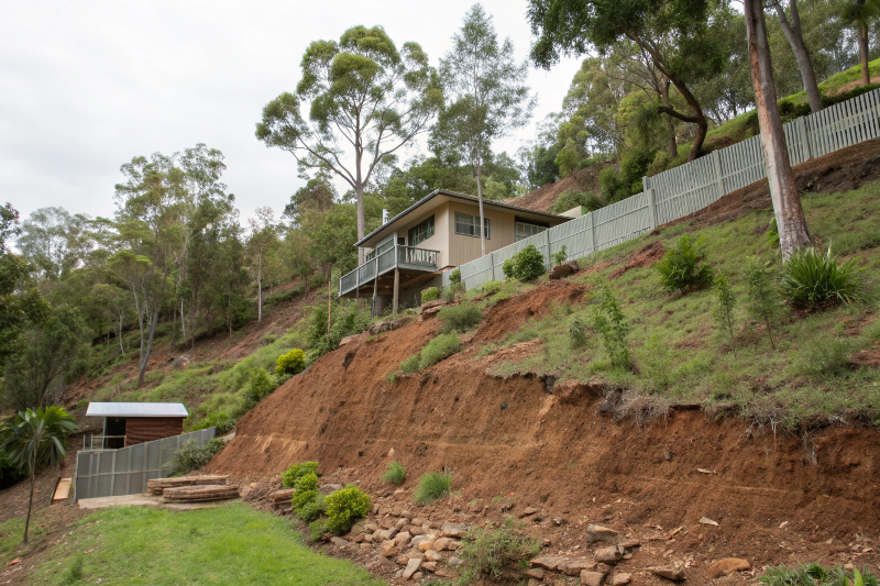 Steep sloping backyard in Logan Queensland showing challenging clay soil terrain requiring retaining wall solutions