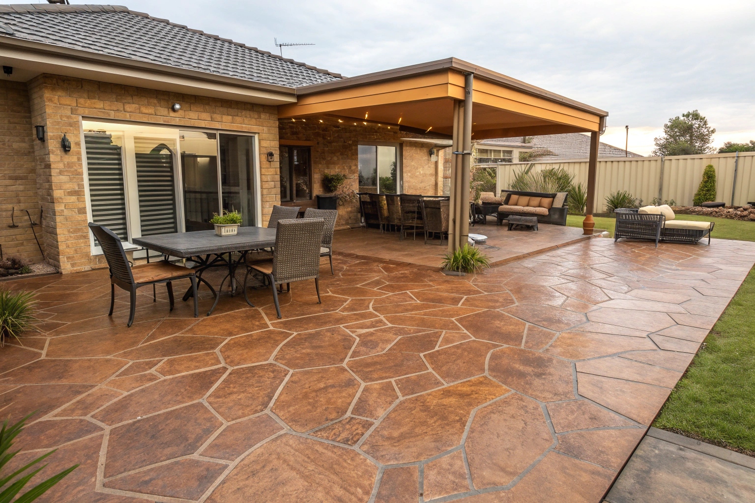 Stamped concrete patio slab with decorative pattern in Logan Queensland
