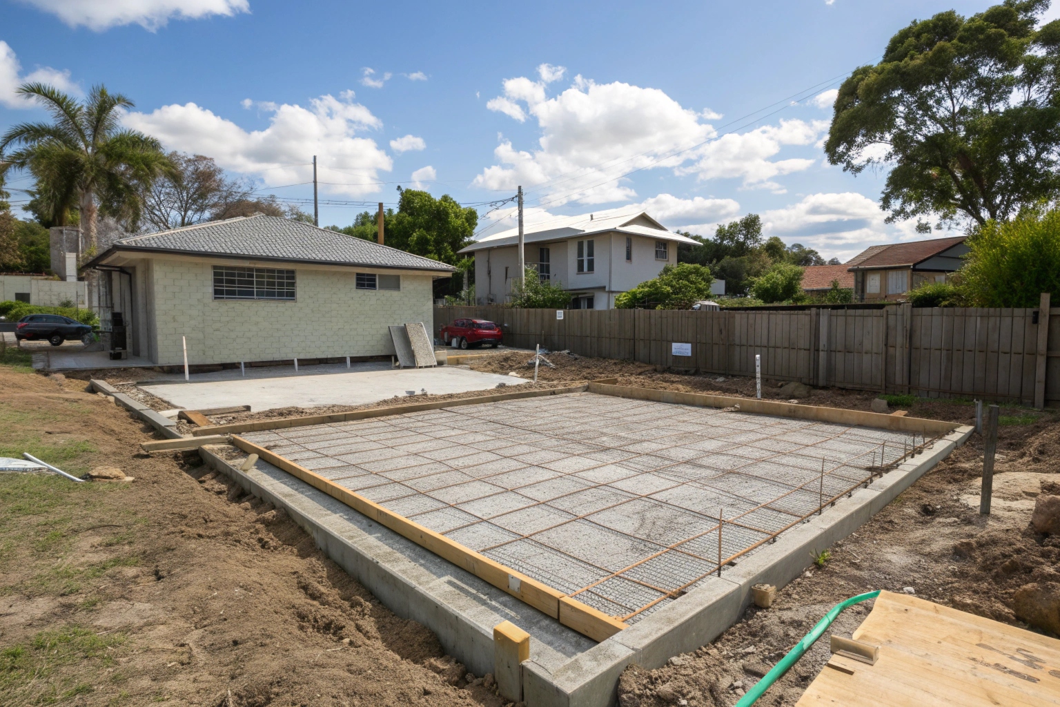 A completed granny flat foundation slab with proper reinforcement mesh visible before construction, Robertson Brisbane residential setting, site prepared and level